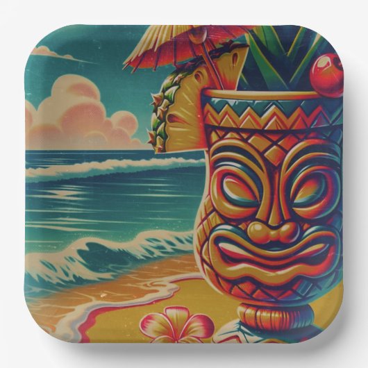  Tropische Tiki Paraplu Drink Luau Party Papieren Bordje (Voorkant)
