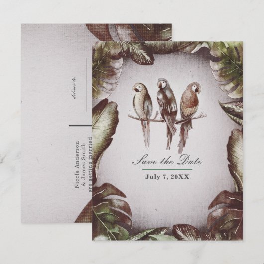  Tropische Tiki Vogels Papegaaien Bewaar de Datum Aankondigingskaart (Voorkant / Achterkant)