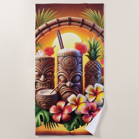 Tropische Tiki-zonsondergang Strandlaken (Voorkant)