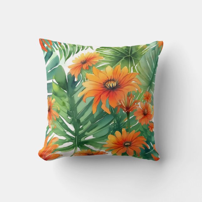 Tropische tithonia levendige Waterverf Kussen (Voorkant)