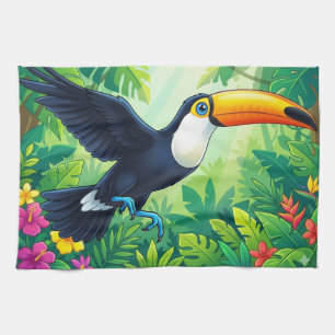 Tropische Toco Toekan in vlucht boven jungle bloem Theedoek