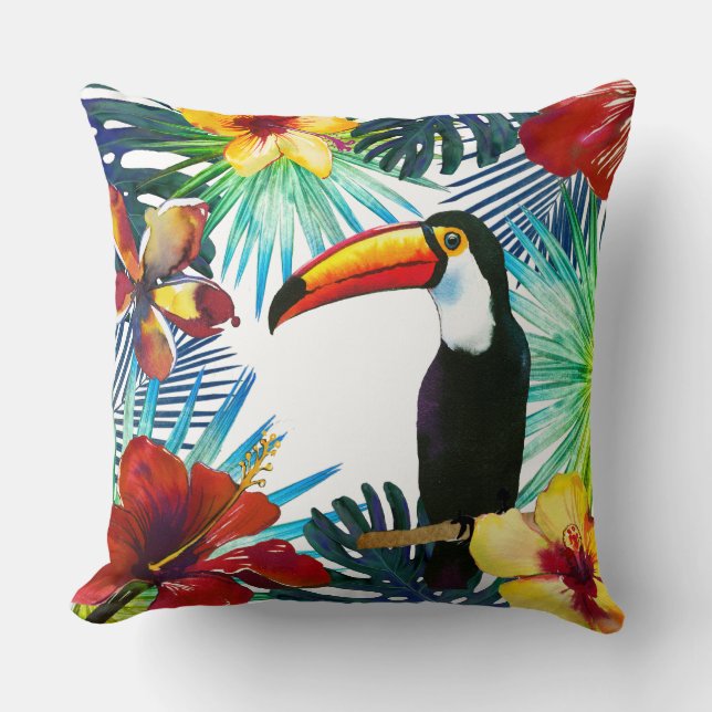 Tropische toucan 2 Yellow Red Blauwgroen Floral Be Kussen (Voorkant)