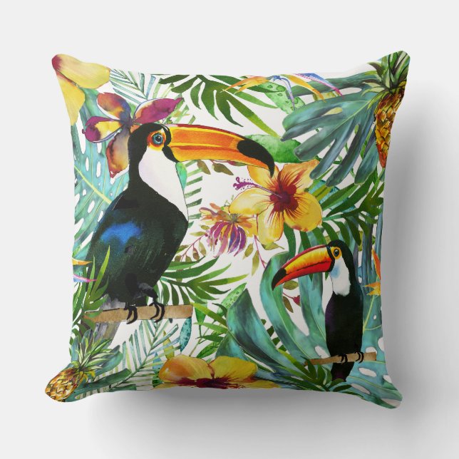 Tropische Toucan Paradise Palm Pineapple Modern Kussen (Voorkant)