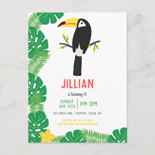 Tropische ToucanTutti Frutti Fruit Verjaardagsfees Uitnodiging Briefkaart (Voorkant)
