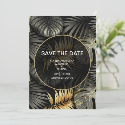 Tropische troepenbestemming zwart en goud save the date (Staand voorkant)