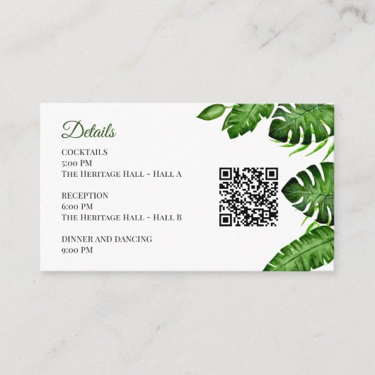 Tropische Trouwdetails QR Code Monstera Groene Dec Informatiekaartje (Voorkant)