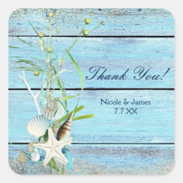 Tropische Trouwfeeststickers Blue Wood Beach Vierkante Sticker