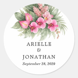 Tropische Trouwsticker Orchidee Bloemig Roze Groen Ronde Sticker