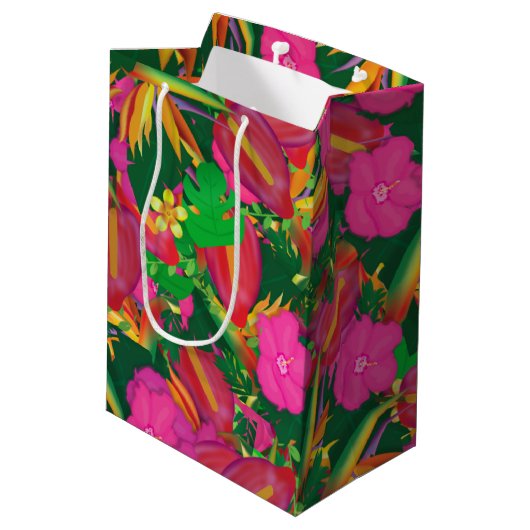 Tropische tuin Bloemen verlaat Luau Party Gift Bag Medium Cadeauzakje (Achterkant Gekanteld)