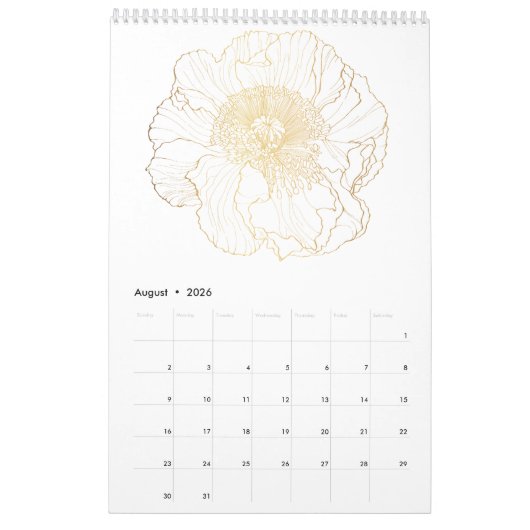 Tropische tuin en bloemen gouden lijn bloemen. kalender (Aug 2026)