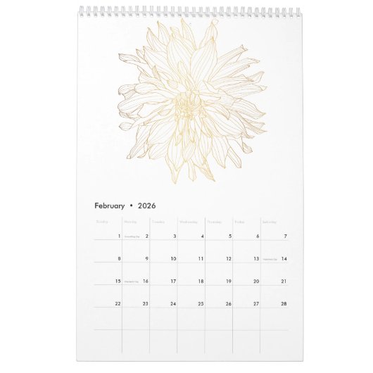 Tropische tuin en bloemen gouden lijn bloemen. kalender (Feb 2026)