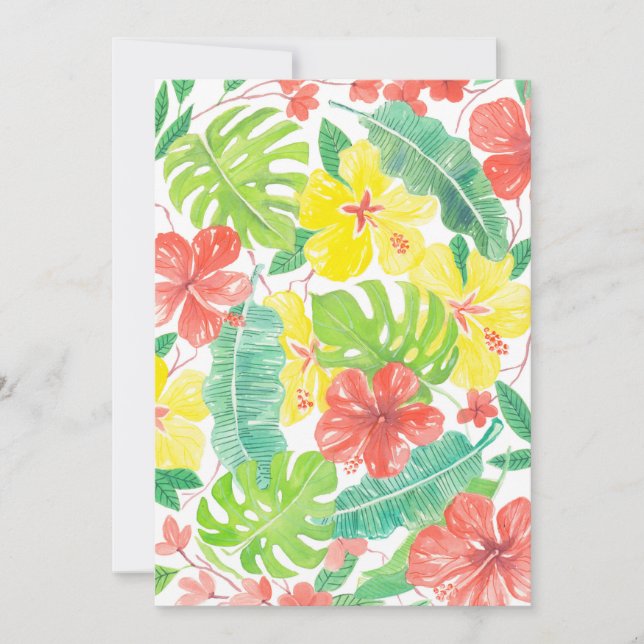 Tropische tuin, hibiscus plumeria en palmbladeren (Voorkant)