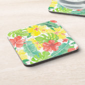 Tropische tuin, hibiscus plumeria en palmbladeren bier onderzetter (Linkerzijde)