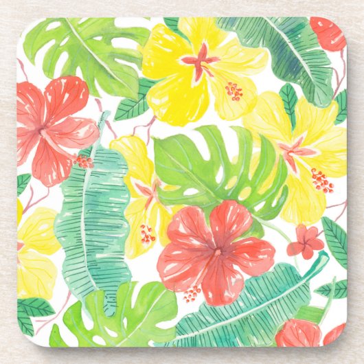 Tropische tuin, hibiscus plumeria en palmbladeren bier onderzetter (Voorkant)