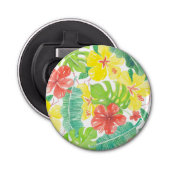 Tropische tuin, hibiscus plumeria en palmbladeren button flesopener (Voorkant)