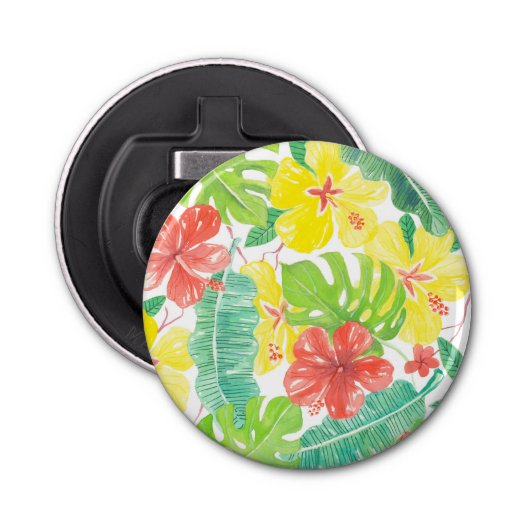Tropische tuin, hibiscus plumeria en palmbladeren button flesopener (Voorkant)