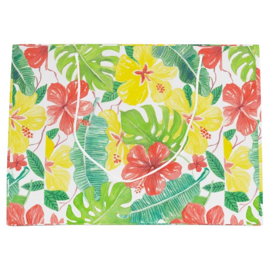 Tropische tuin, hibiscus plumeria en palmbladeren groot cadeauzakje (Voorkant)