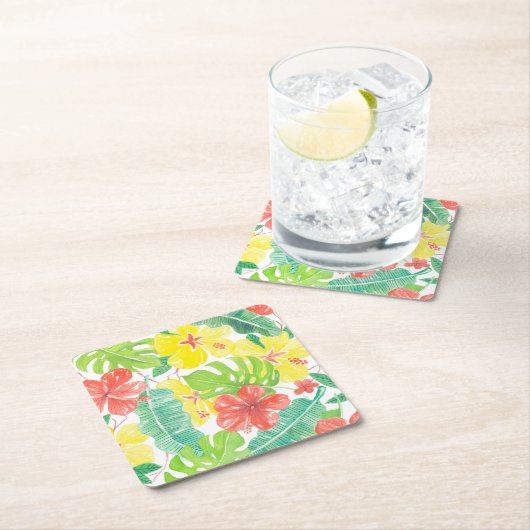 Tropische tuin, hibiscus plumeria en palmbladeren kartonnen onderzetters (Insitu)