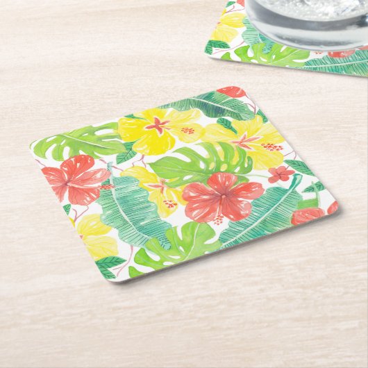 Tropische tuin, hibiscus plumeria en palmbladeren kartonnen onderzetters (Schuin)