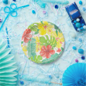 Tropische tuin, hibiscus plumeria en palmbladeren papieren bordje (Feest)