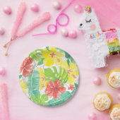 Tropische tuin, hibiscus plumeria en palmbladeren papieren bordje (Feest)