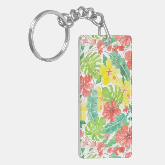 Tropische tuin, hibiscus plumeria en palmbladeren sleutelhanger (Voorkant Links)