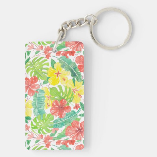 Tropische tuin, hibiscus plumeria en palmbladeren sleutelhanger (achterkant)