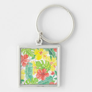 Tropische tuin, hibiscus plumeria en palmbladeren sleutelhanger