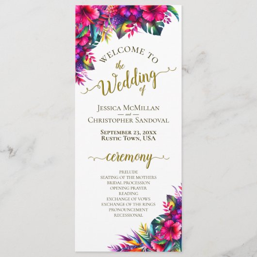 Tropische Tuin Kleurrijke Hibiscus Bloemenbruiloft Programmakaart (Voorkant)