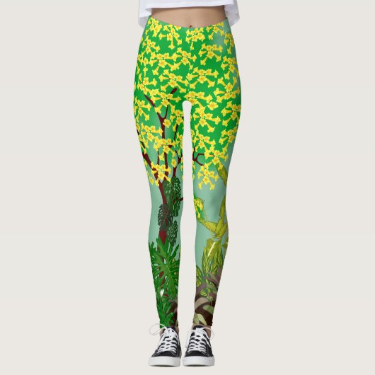 Tropische tuin Landschap Groen Geel Paars Rood Leggings (Voorkant)