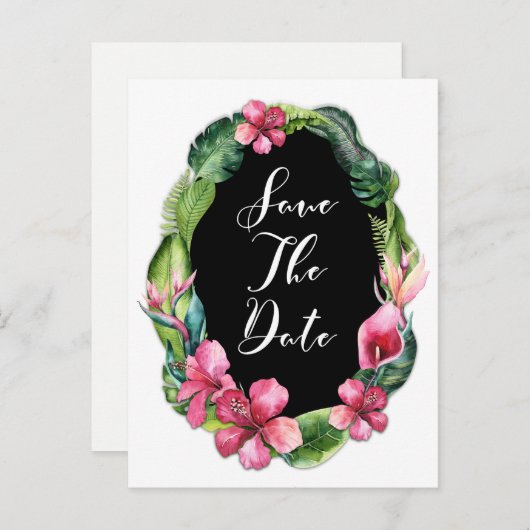 Tropische tuinbloemen en bladeren sparen de Datum Aankondigingskaart (Voorkant / Achterkant)