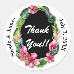 Tropische tuingebloemen & bladeren Trouw Dankjewel Ronde Sticker