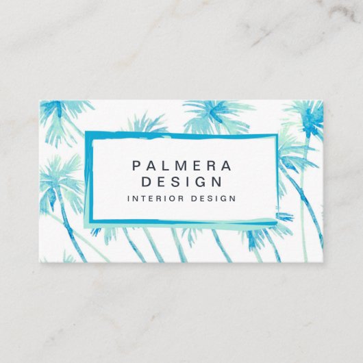 Tropische turquoise blauw Waterverf palmbomen Visitekaartje (Voorkant)