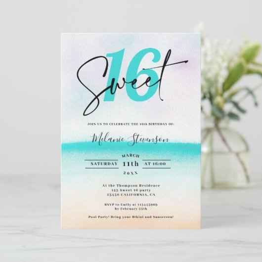 Tropische turquoise strand ombre script zoet 16 kaart (Staand voorkant)