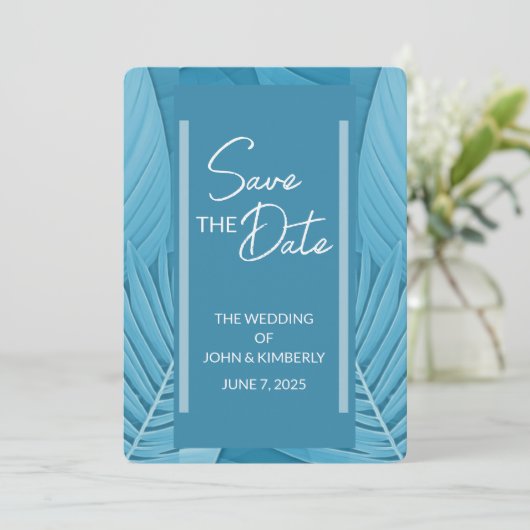 Tropische Turquoise Trouwkaart Save The Date met f (Staand voorkant)