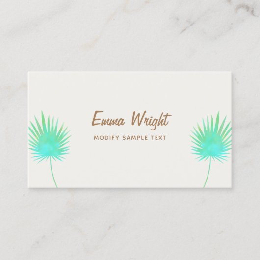 Tropische Turquoise Waterverf Palm Leaf Branches Visitekaartje (Voorkant)