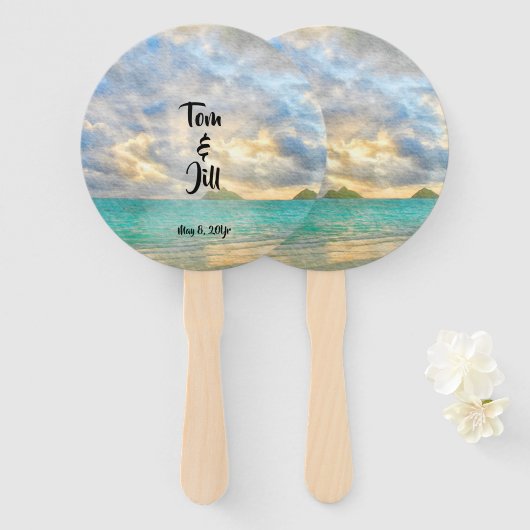 Tropische Turquoise Waterverf Paradise Wedding Handwaaier (Voorkant en achterkant)
