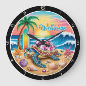 Tropische Turtle Beach Scene Tijdstuk Grote Klok (Voorkant)