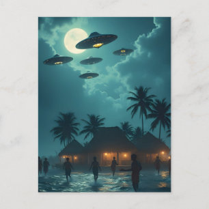 Tropische UFO Invasie Vloot Maanverlichte Strand B Briefkaart