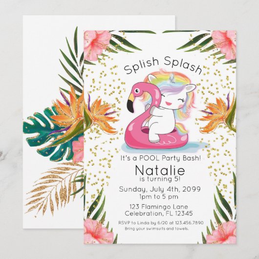 Tropische Unicorn Pool Birthday Kaart (Voorkant / Achterkant)