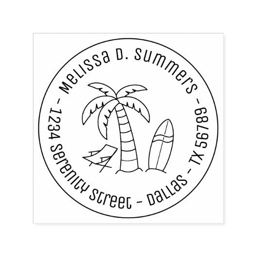 Tropische Vackpalm Surfboard Round Address Zelfinktende Stempel (Design)