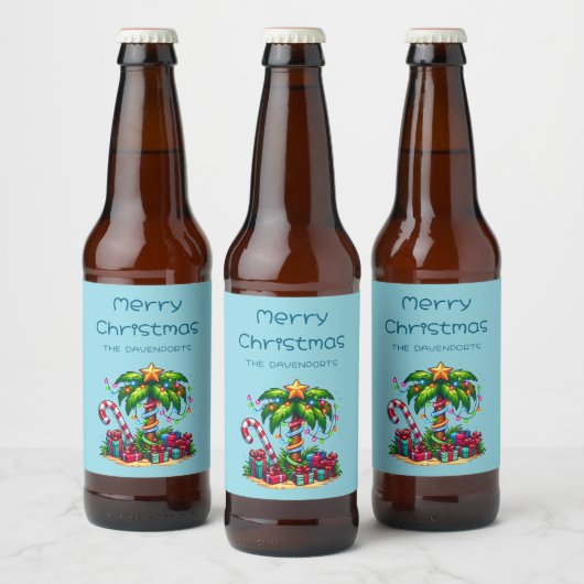 Tropische vakantie Palmboom Vrolijk kerstfeest Bier Etiket (Flessen)