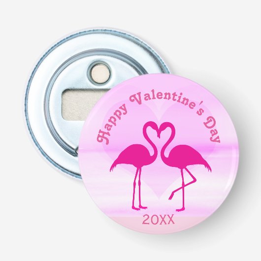 Tropische Valentijnsdag Flamingo Roze Aangepast Ja Button Flesopener (Voorkant)