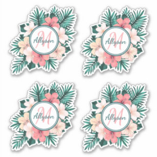 Tropische varen Hibiscus Lijst Monogram Contour Sticker