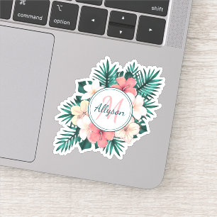 Tropische varen Hibiscus Lijst Monogram Contour Sticker
