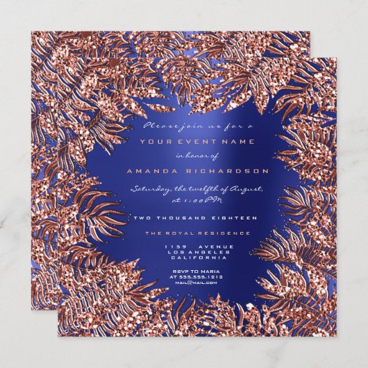 Tropische varenbladeren omlijst roze goud koperbla kaart (Voorkant / Achterkant)