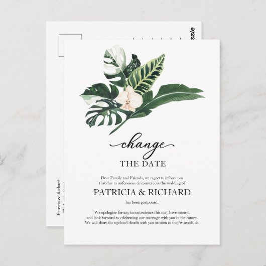 Tropische verandering van de datum bruiloft uitste briefkaart (Voorkant / Achterkant)