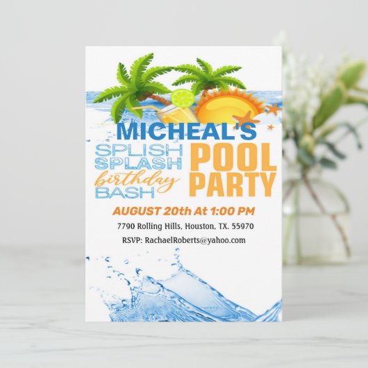 Tropische verjaardag Bash Pool Party uitnodiging (Staand voorkant)