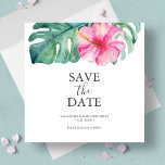 Tropische Verjaardag Bewaar de Datumkaarten Save The Date<br><div class="desc">Deze verjaardagskaarten zijn voorzien van een top boarder van sierlijke waterverf tropische bloemen en monstera palmbladeren. De woorden "Save the Date" worden getypt in houtskoolgrijs op een heldere witte achtergrond. Gebruik de sjabloon velden om u aangepaste gegevens toe te voegen. De kaart keert terug naar een bijpassende levendige roze kleur....</div>
