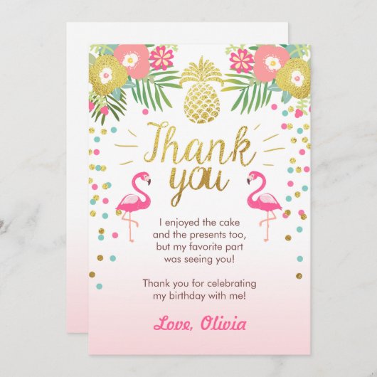 Tropische verjaardag Dank u wel Luau Flamingo Bedankkaart (Voorkant / Achterkant)